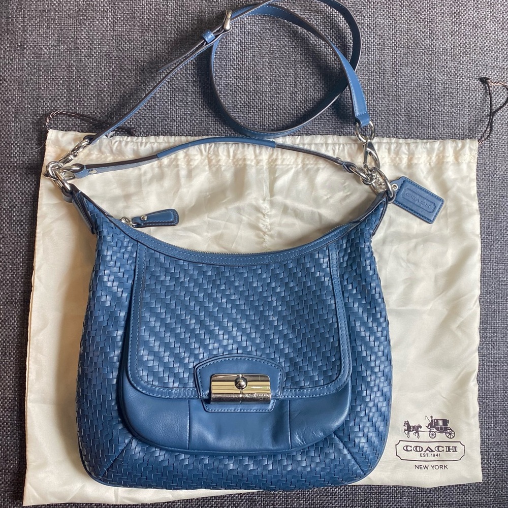 Genuine Coach Kristin Woven Leather Blue Hobo Crossbody Shoulder Bag & Dust Bag